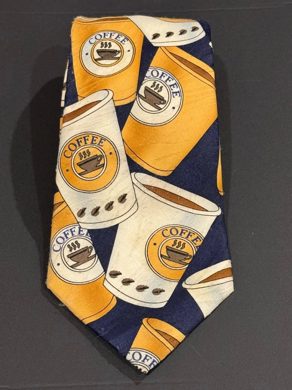 Keith Daniel’s Men's Coffee Cup Fun Print Neck Tie in Navy and Yellow
